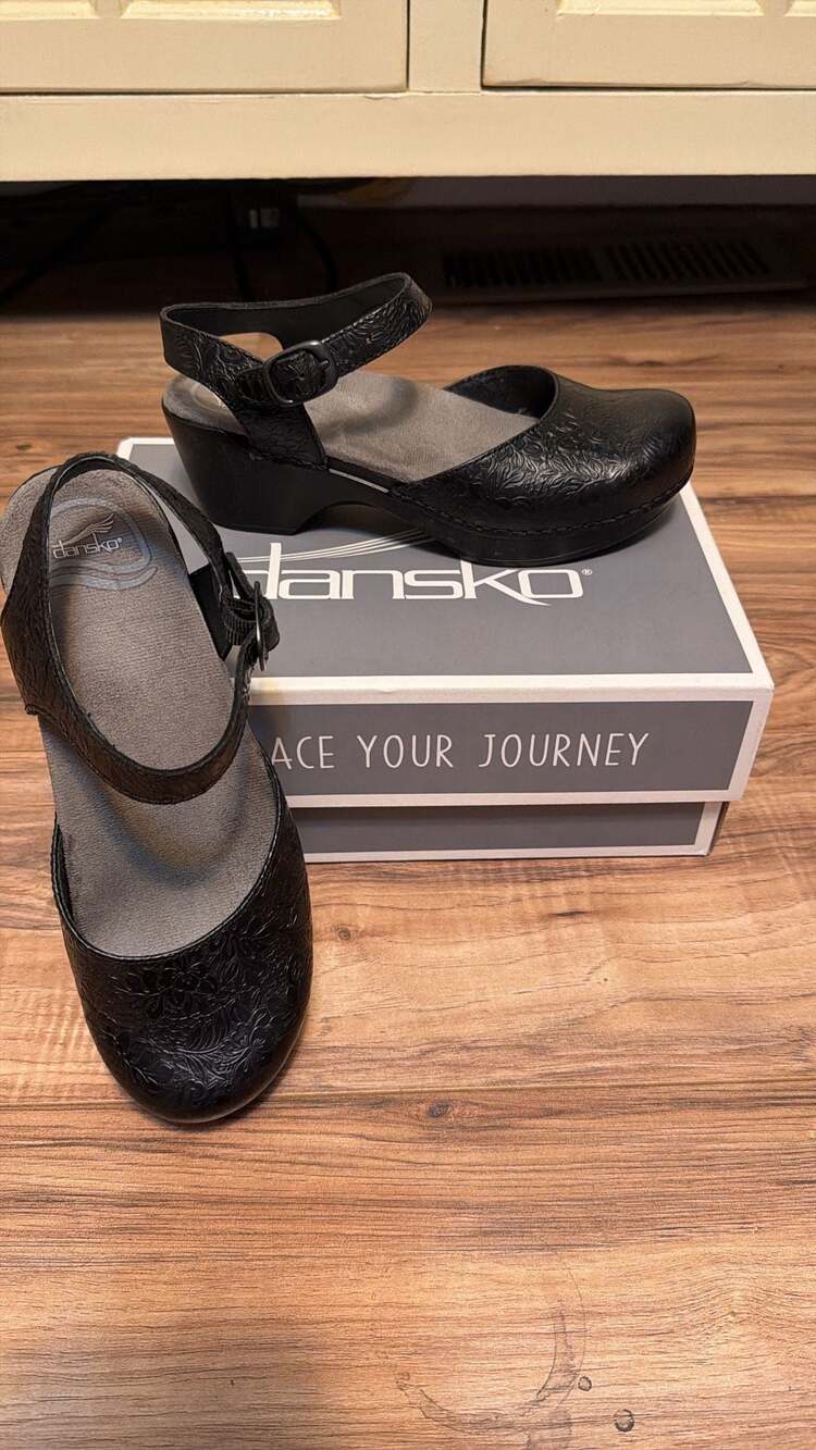Dansko Black Leather Embossed Mary Jane Clogs Shoes